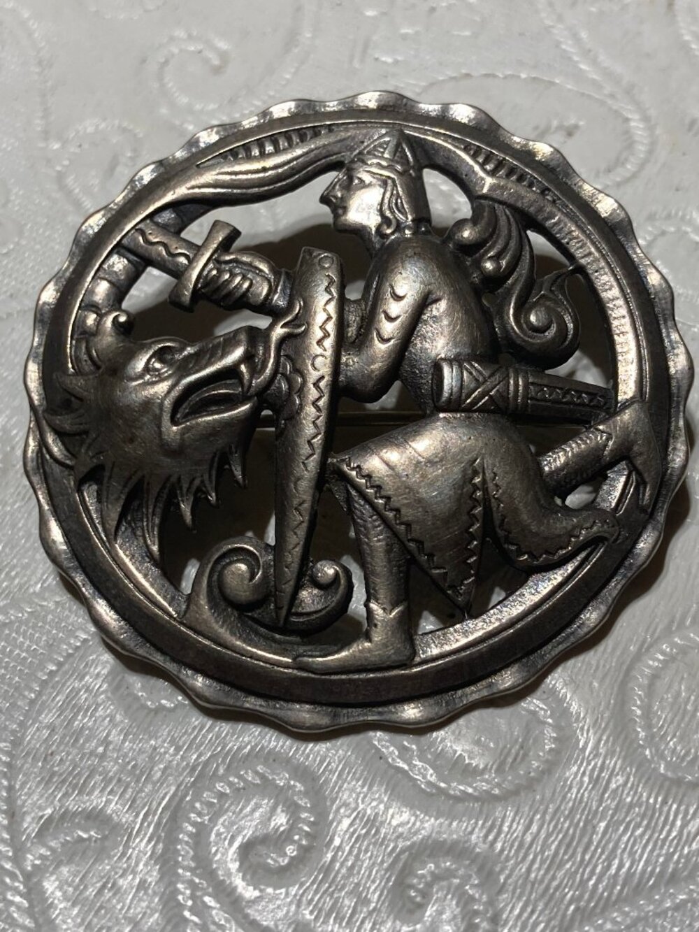 Marius Hammer 830S Silver Sigurd Kills the Dragon Pin Brooch Norway Vintage